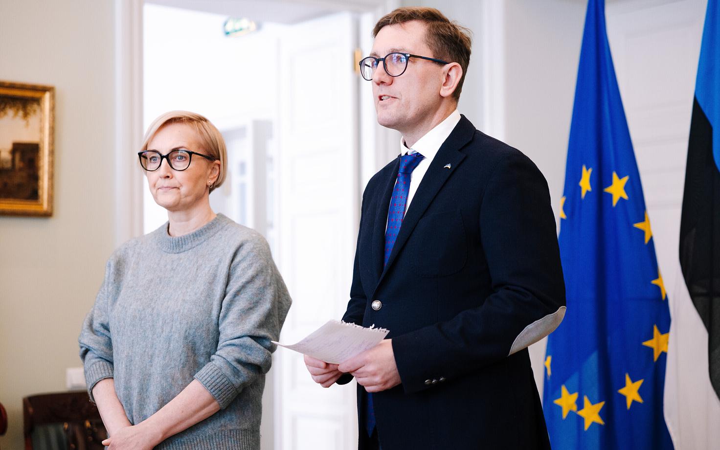 Kristen Michal and Kristina Kallas, leaders of the Reform Party and Eesti 200 respectively, at the Stenbock House ahead of the first round of coalition talks, Saturday, March 15, 2025.