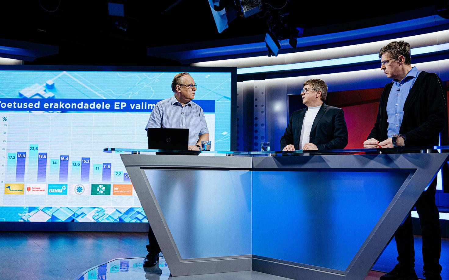 From left, Aivar Voog, Urmet Kook and Indrek Kiisler on Friday's election special webcast.