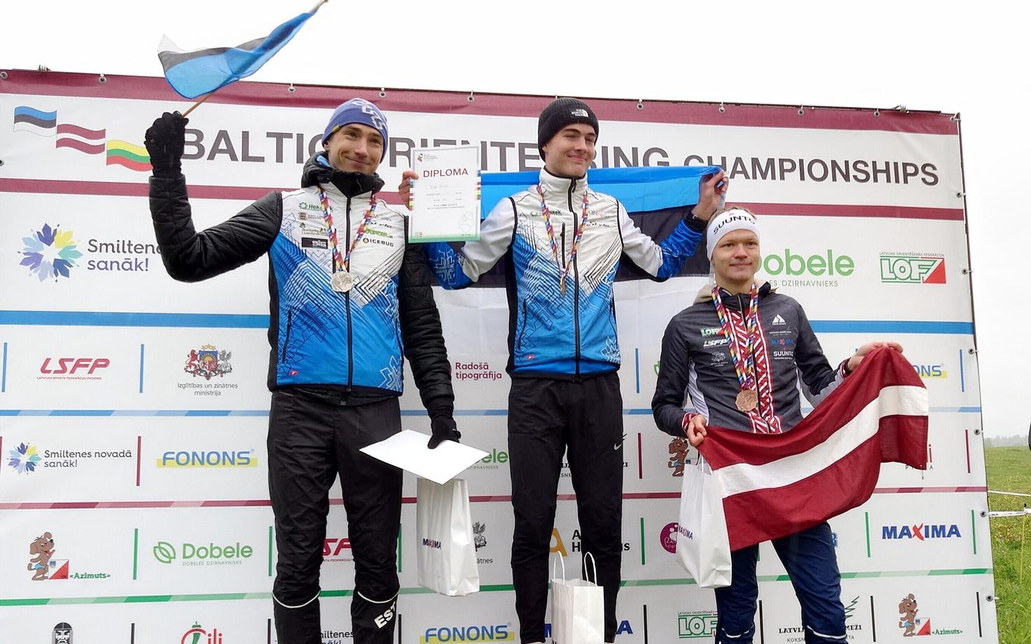 Orienteerumisjooksu Balti meistrivõistluste meeste esikolmik (vasakult): Lauri Sild, Jürgen Joonas, Uldis Upitis