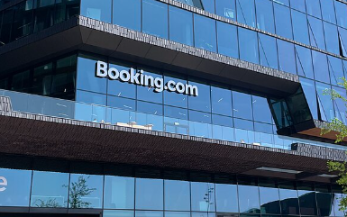 Booking.com logo at the company's headquarters in Amsterdam.
