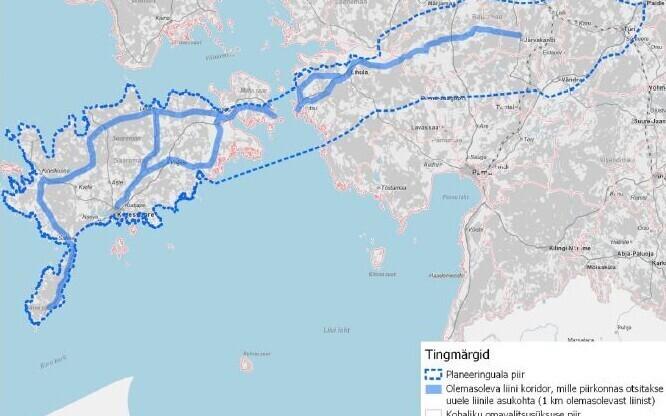 State special plan area for the fourth Estonia-Latvia power link. The blue continuous line shows existing line corridors with a two-kilometer buffer zone.