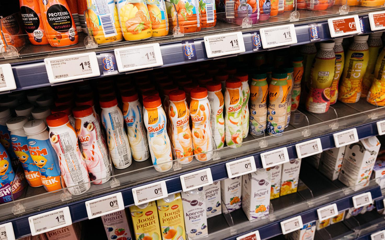 Dairy products in various types of packaging in an Estonian supermarket. Photo is illustrative.