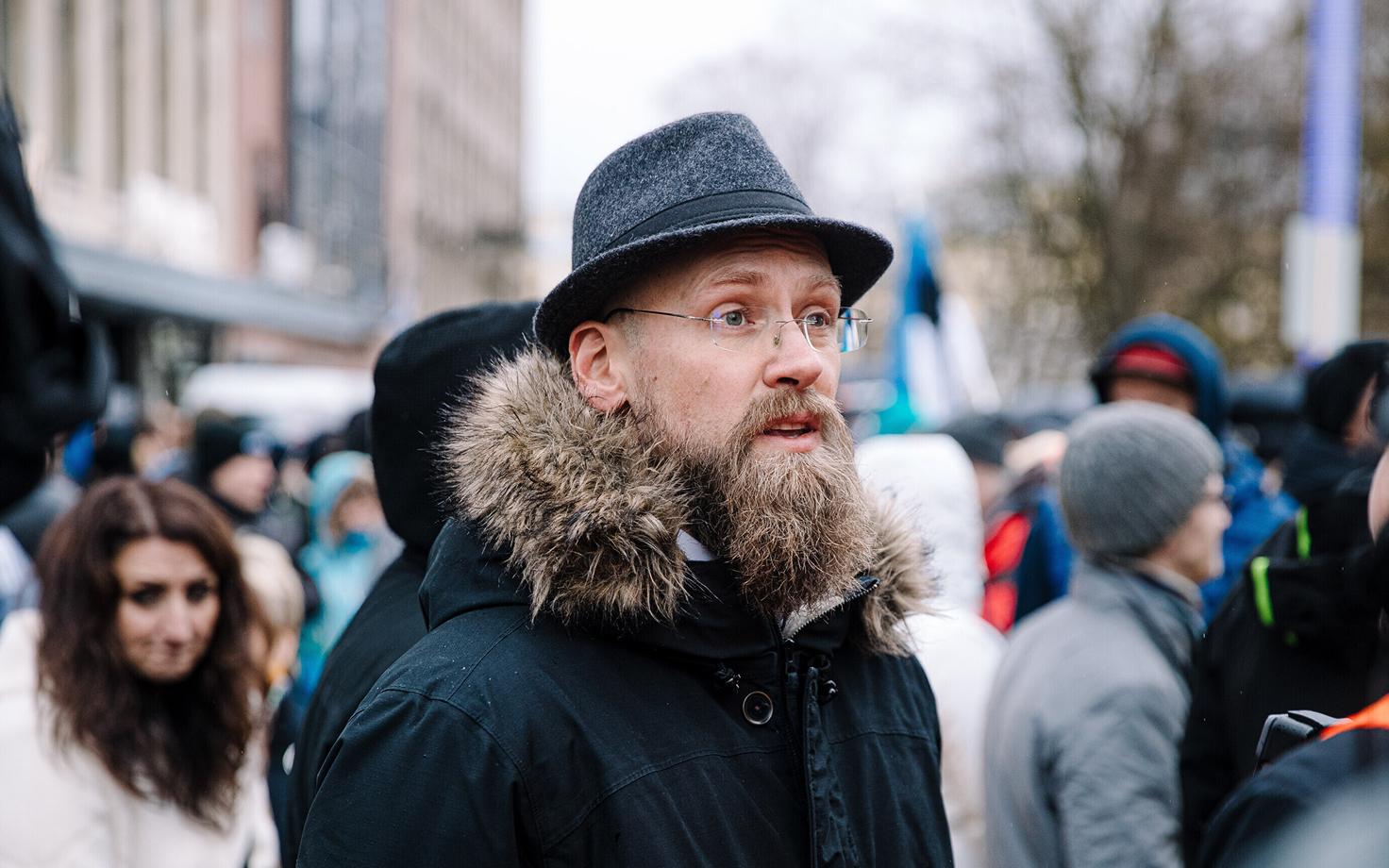 Varro Vooglaid at the Covid restrictions protest n Freedom Square in Tallinn on October 23, 2021.
